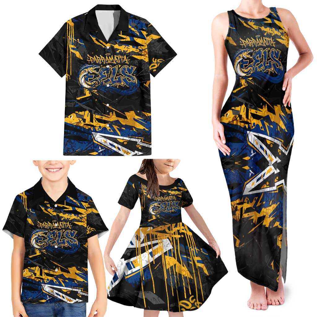 Personalized Parramatta Eels Family Matching Tank Maxi Dress and Hawaiian Shirt Graffiti Grunge Abstract Urban Street Style Design