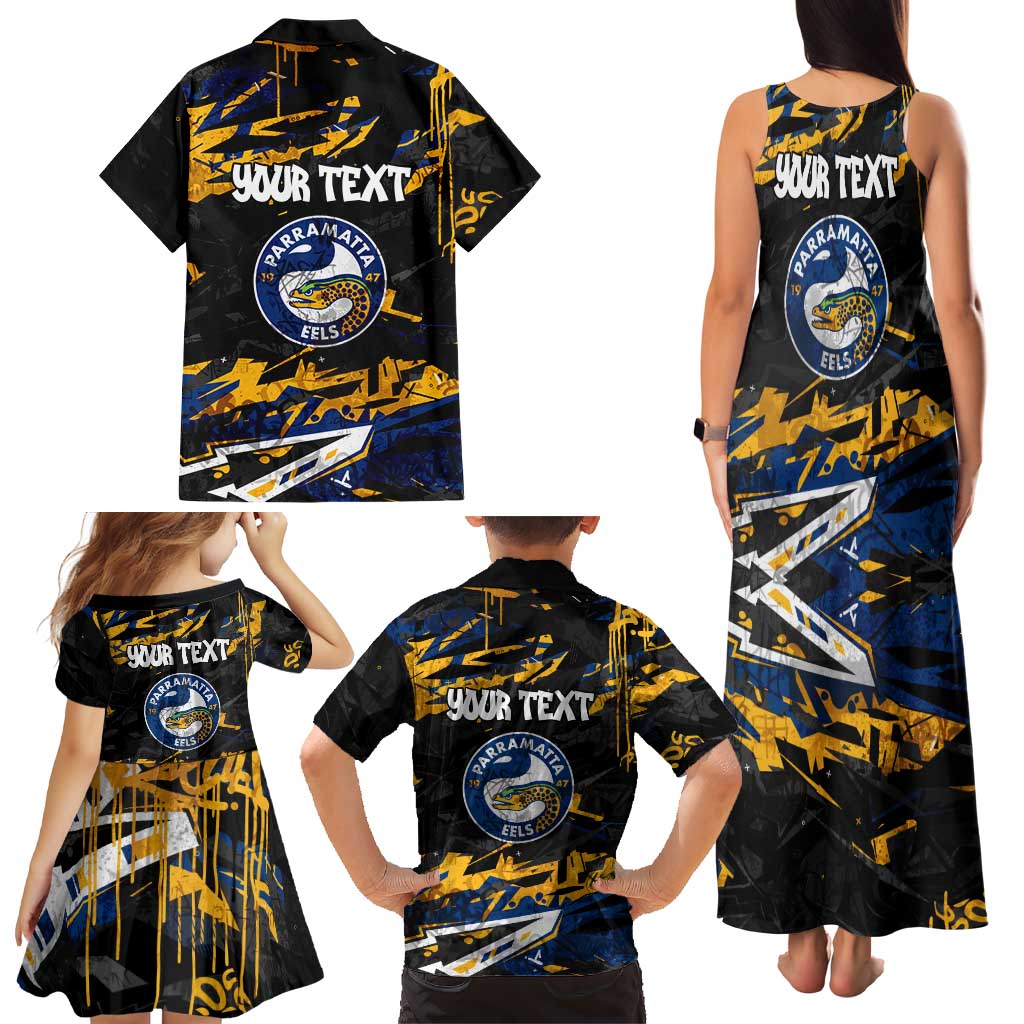 Personalized Parramatta Eels Family Matching Tank Maxi Dress and Hawaiian Shirt Graffiti Grunge Abstract Urban Street Style Design