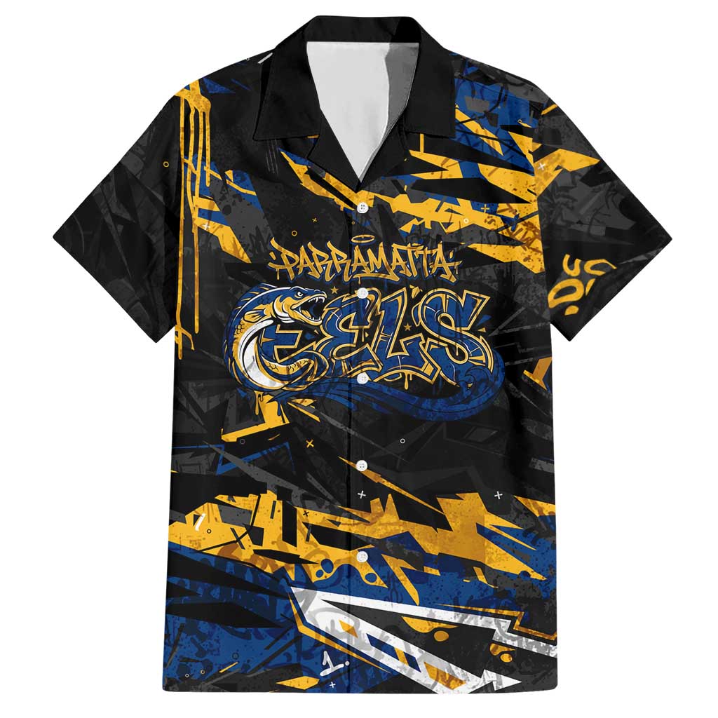 Personalized Parramatta Eels Hawaiian Shirt Graffiti Grunge Abstract Urban Street Style Design