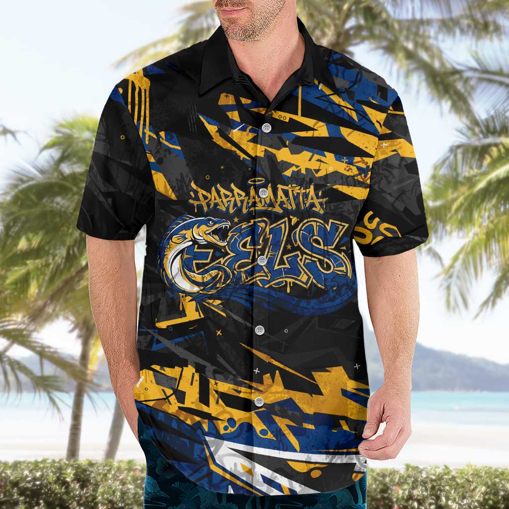 Personalized Parramatta Eels Hawaiian Shirt Graffiti Grunge Abstract Urban Street Style Design