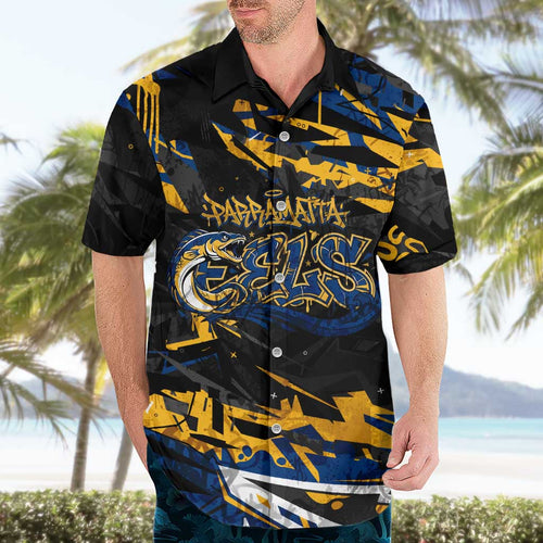Personalized Parramatta Eels Hawaiian Shirt Graffiti Grunge Abstract Urban Street Style Design