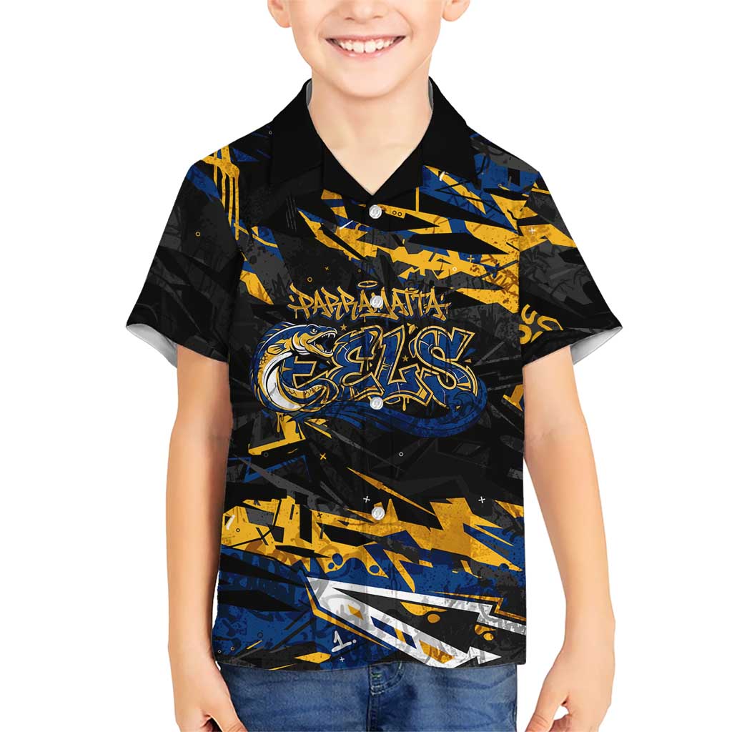 Personalized Parramatta Eels Kid Hawaiian Shirt Graffiti Grunge Abstract Urban Street Style Design
