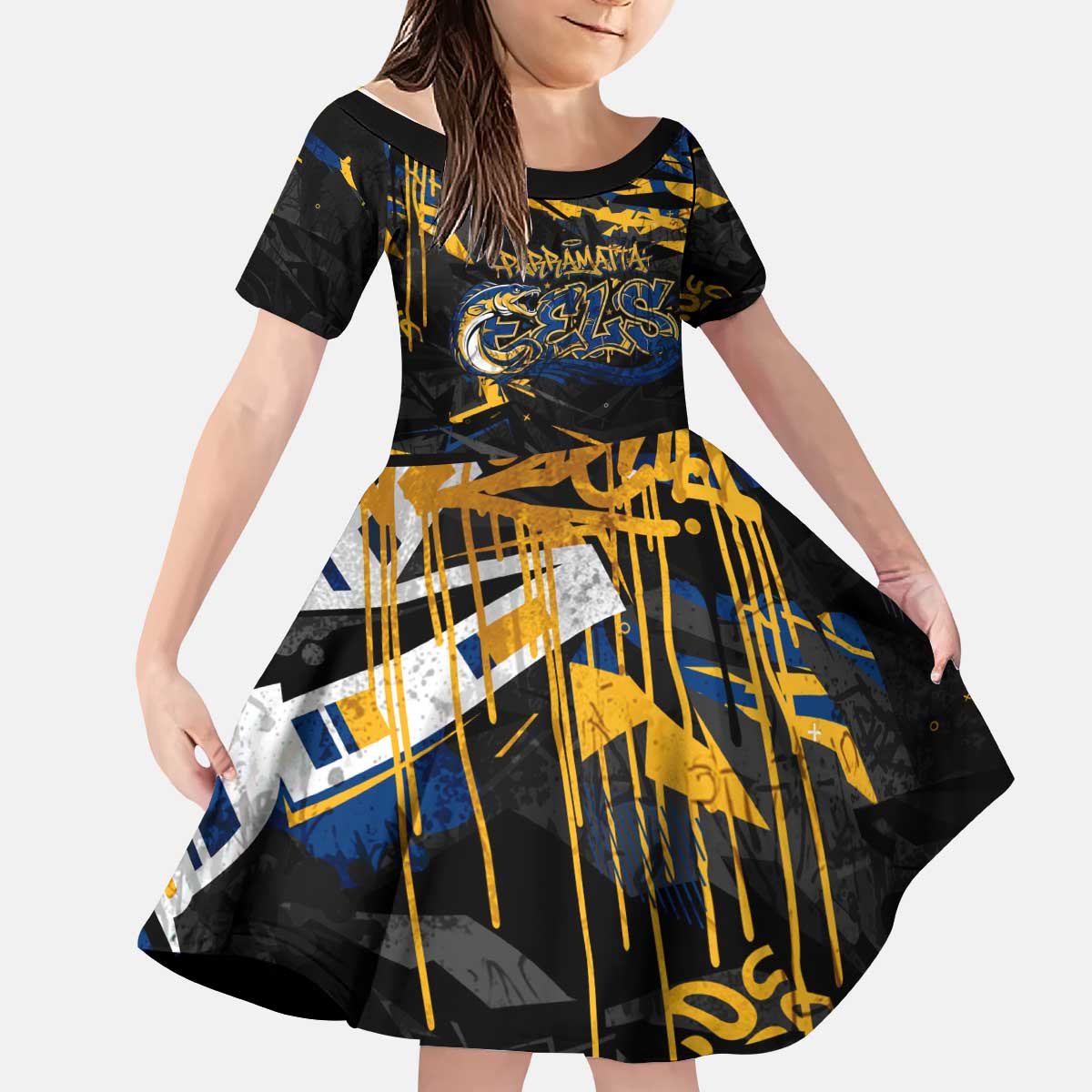 Personalized Parramatta Eels Kid Short Sleeve Dress Graffiti Grunge Abstract Urban Street Style Design