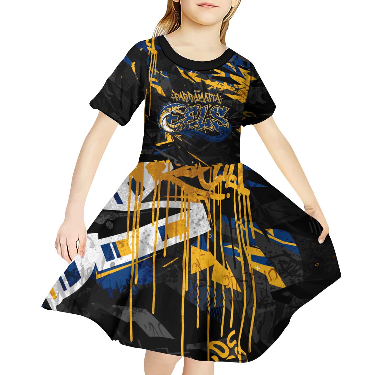 Personalized Parramatta Eels Kid Short Sleeve Dress Graffiti Grunge Abstract Urban Street Style Design