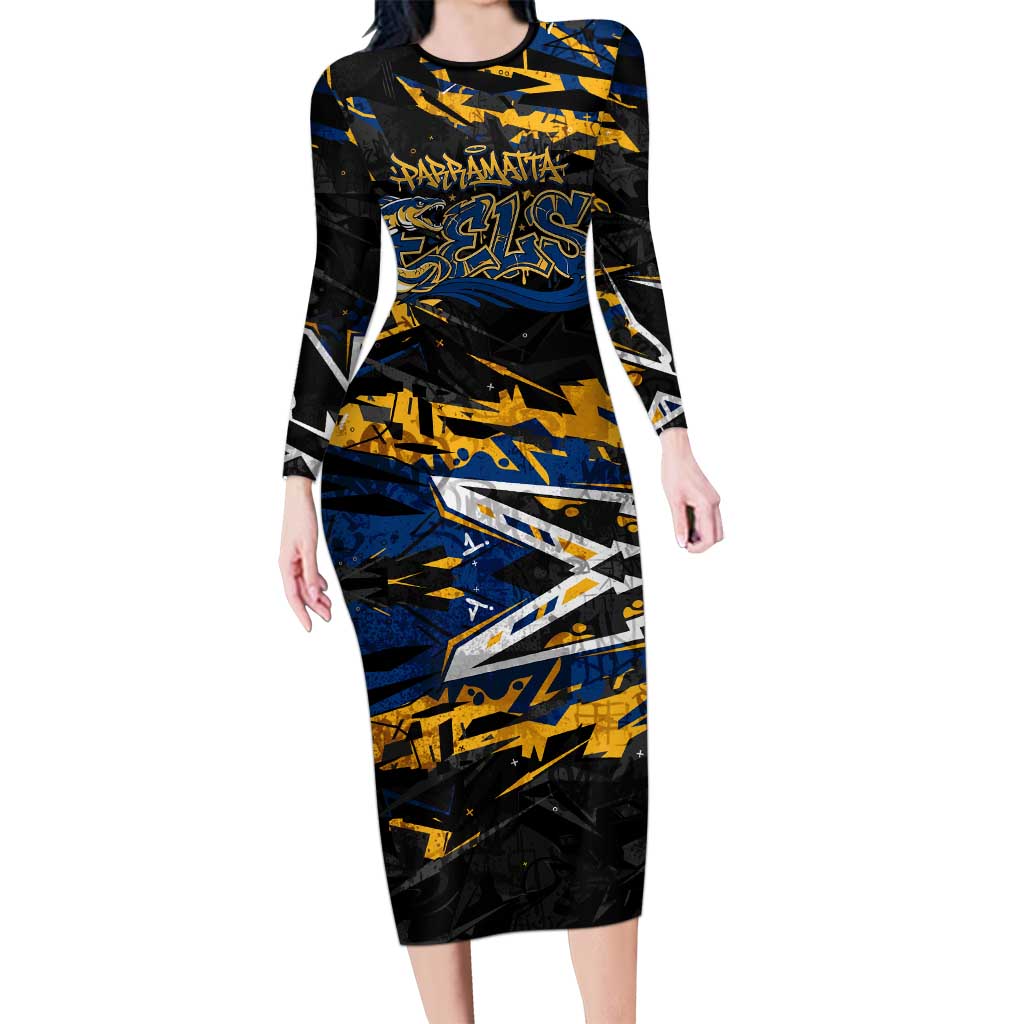 Personalized Parramatta Eels Long Sleeve Bodycon Dress Graffiti Grunge Abstract Urban Street Style Design