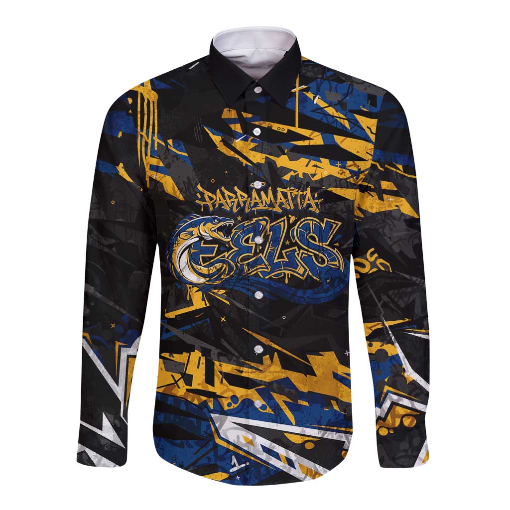 Personalized Parramatta Eels Long Sleeve Button Shirt Graffiti Grunge Abstract Urban Street Style Design