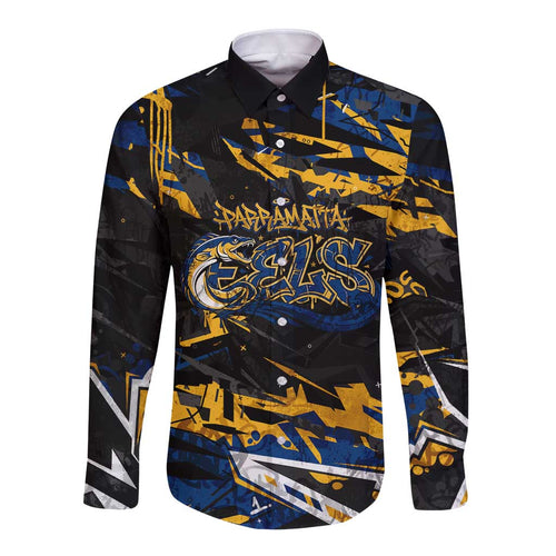 Personalized Parramatta Eels Long Sleeve Button Shirt Graffiti Grunge Abstract Urban Street Style Design