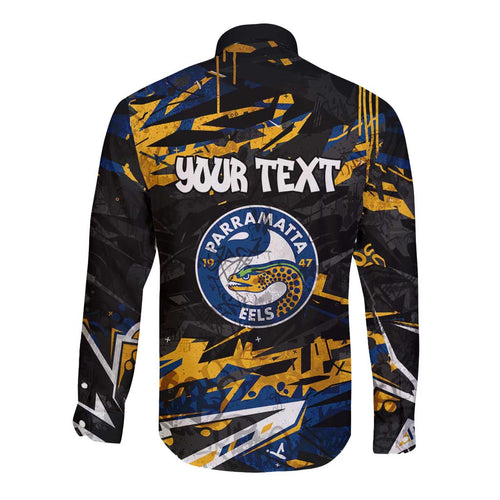 Personalized Parramatta Eels Long Sleeve Button Shirt Graffiti Grunge Abstract Urban Street Style Design