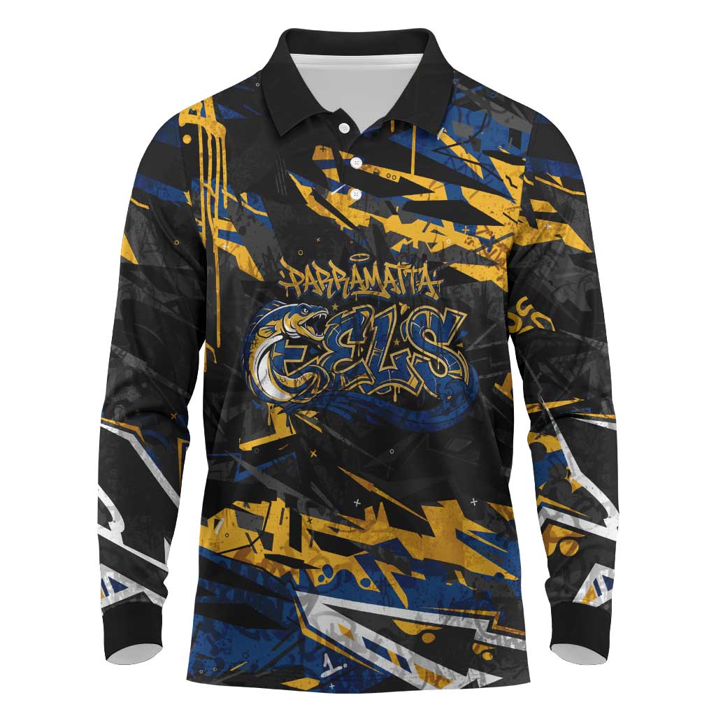 Personalized Parramatta Eels Long Sleeve Polo Shirt Graffiti Grunge Abstract Urban Street Style Design