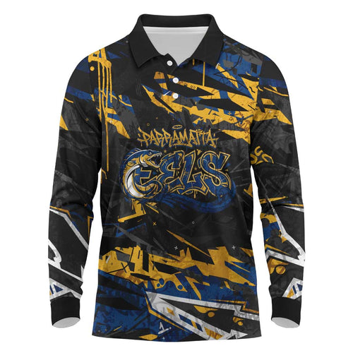 Personalized Parramatta Eels Long Sleeve Polo Shirt Graffiti Grunge Abstract Urban Street Style Design
