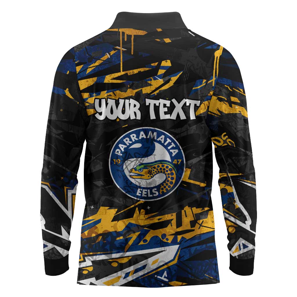 Personalized Parramatta Eels Long Sleeve Polo Shirt Graffiti Grunge Abstract Urban Street Style Design