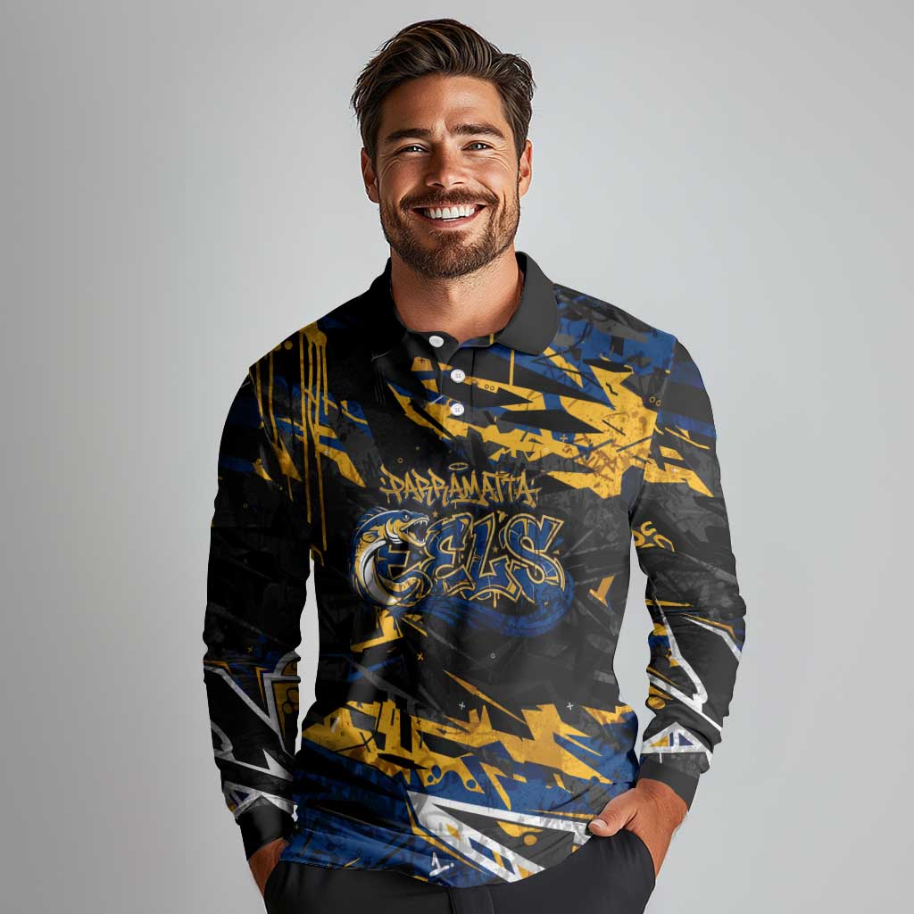 Personalized Parramatta Eels Long Sleeve Polo Shirt Graffiti Grunge Abstract Urban Street Style Design