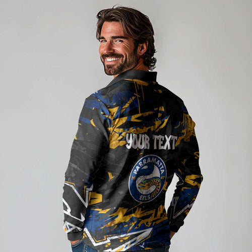 Personalized Parramatta Eels Long Sleeve Polo Shirt Graffiti Grunge Abstract Urban Street Style Design