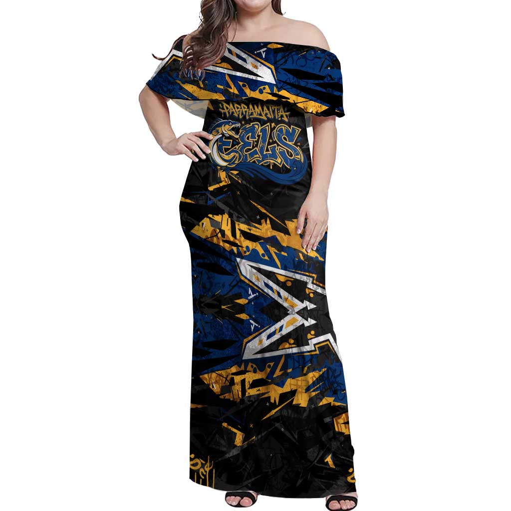 Personalized Parramatta Eels Off Shoulder Maxi Dress Graffiti Grunge Abstract Urban Street Style Design
