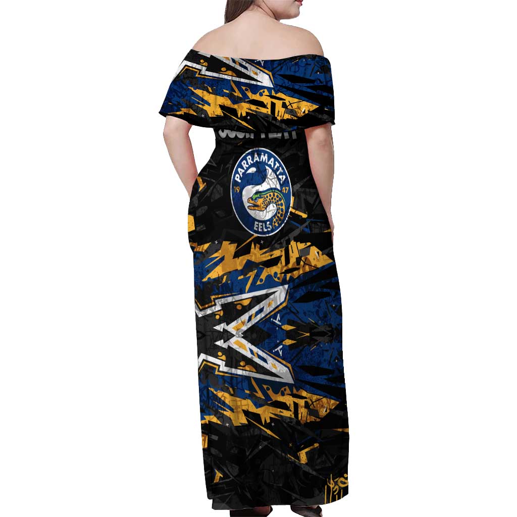 Personalized Parramatta Eels Off Shoulder Maxi Dress Graffiti Grunge Abstract Urban Street Style Design