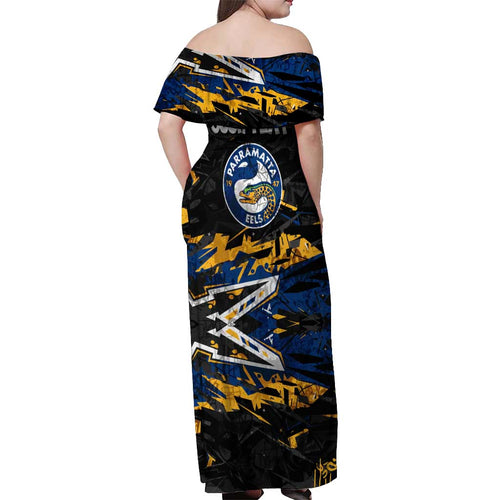 Personalized Parramatta Eels Off Shoulder Maxi Dress Graffiti Grunge Abstract Urban Street Style Design