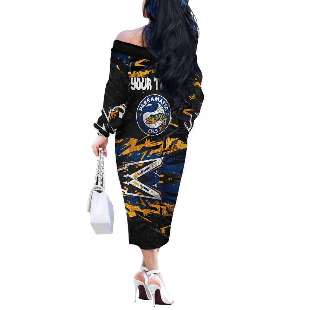 Personalized Parramatta Eels Off The Shoulder Long Sleeve Dress Graffiti Grunge Abstract Urban Street Style Design