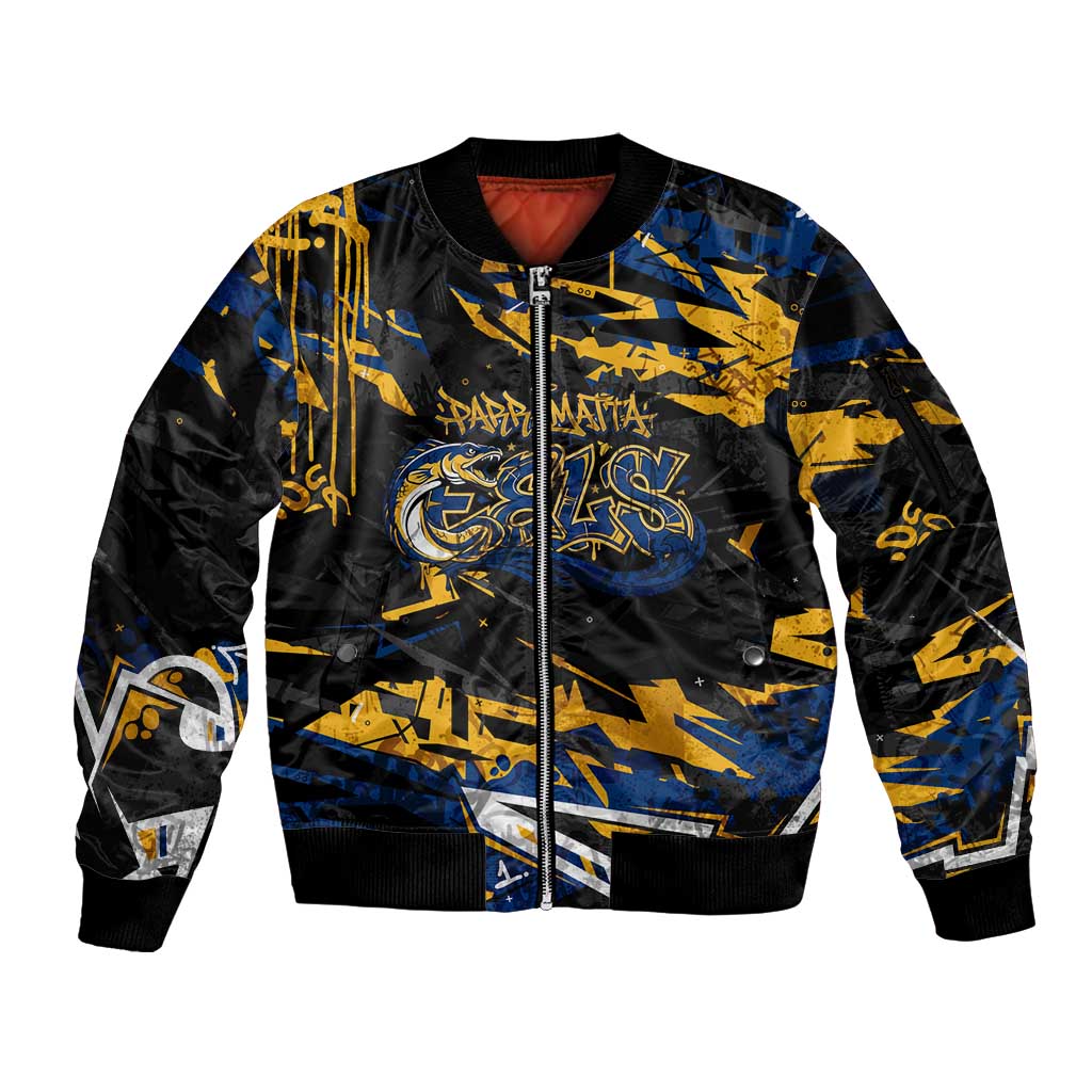 Personalized Parramatta Eels Sleeve Zip Bomber Jacket Graffiti Grunge Abstract Urban Street Style Design