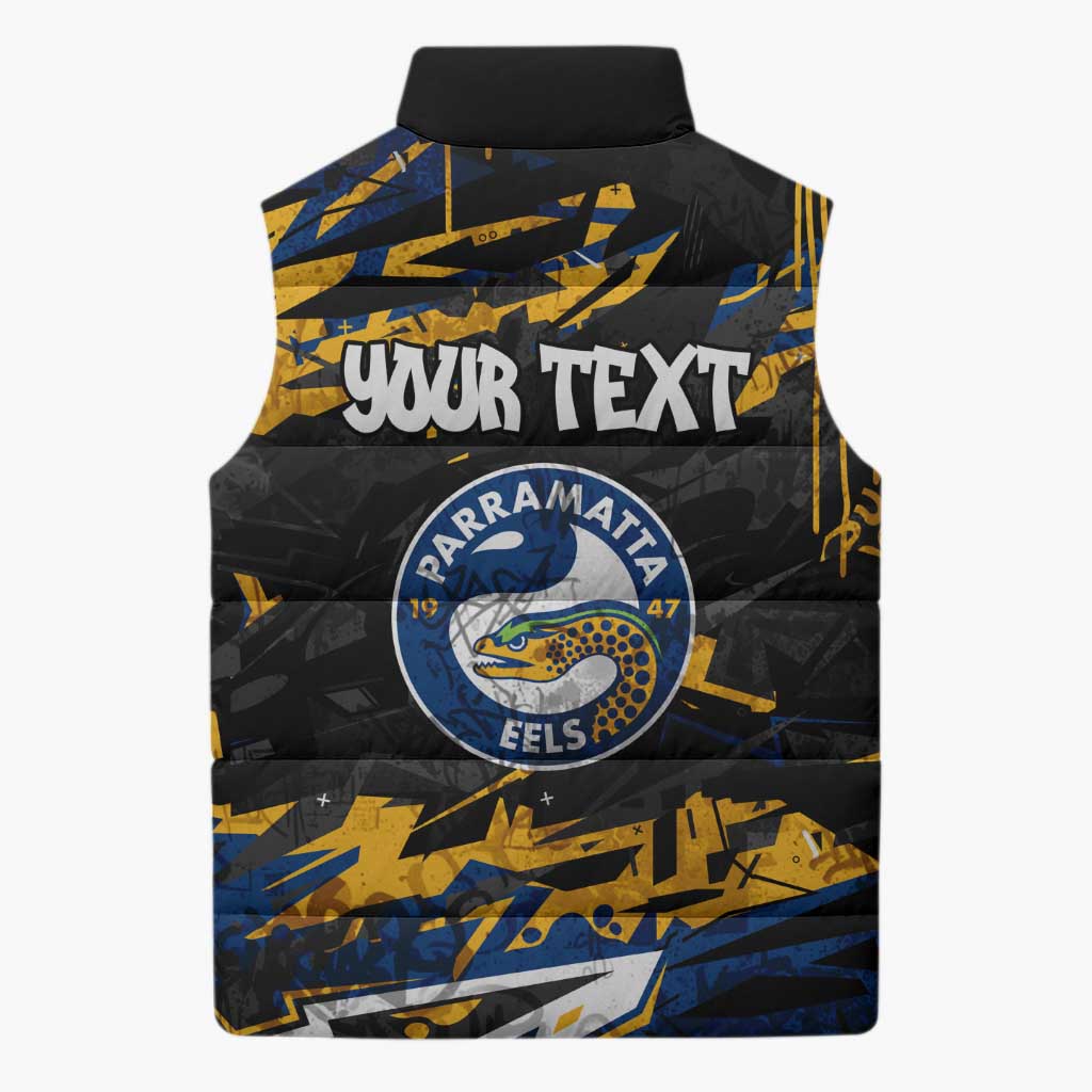 Personalized Parramatta Eels Sleeveless Puffer Jacket Graffiti Grunge Abstract Urban Street Style Design