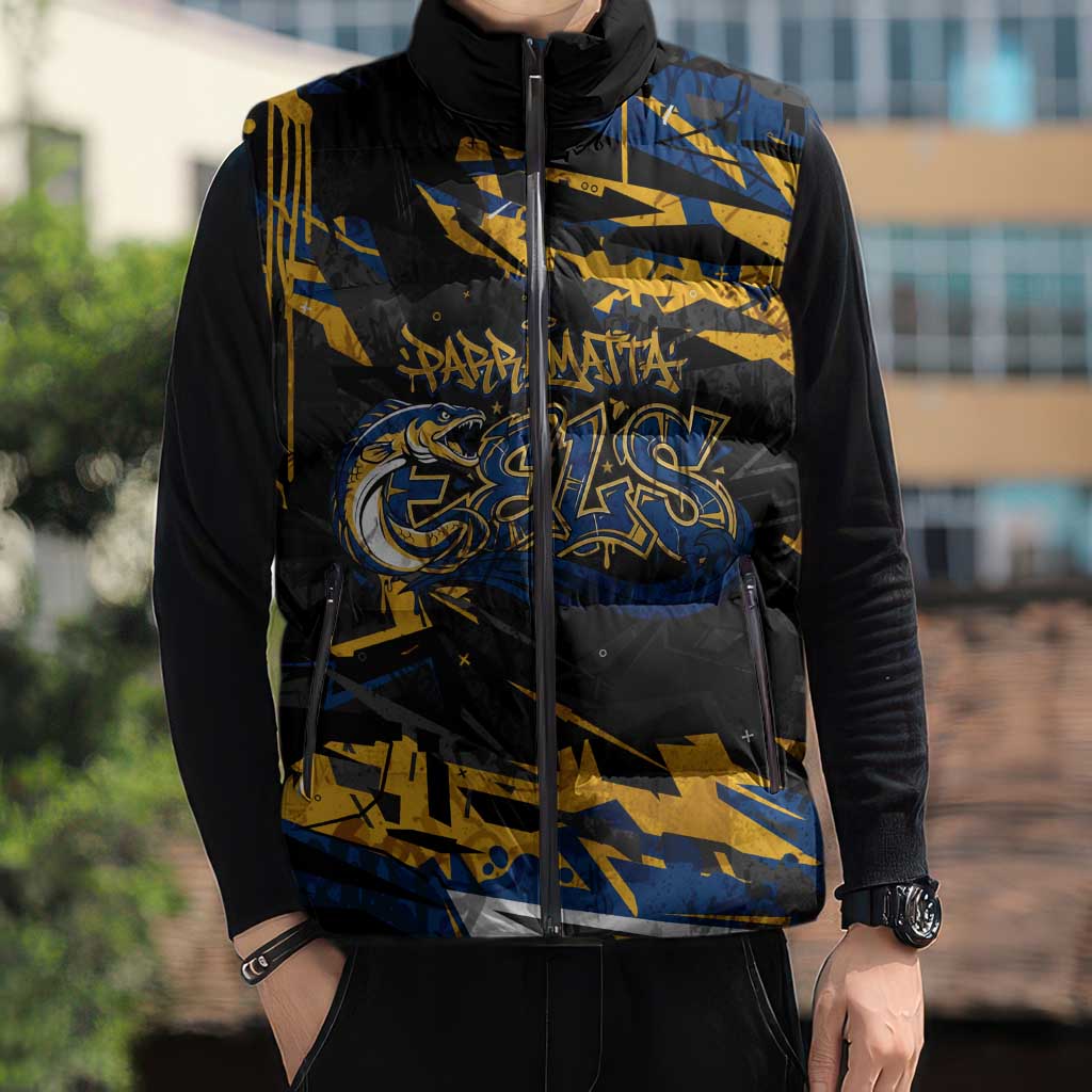 Personalized Parramatta Eels Sleeveless Puffer Jacket Graffiti Grunge Abstract Urban Street Style Design