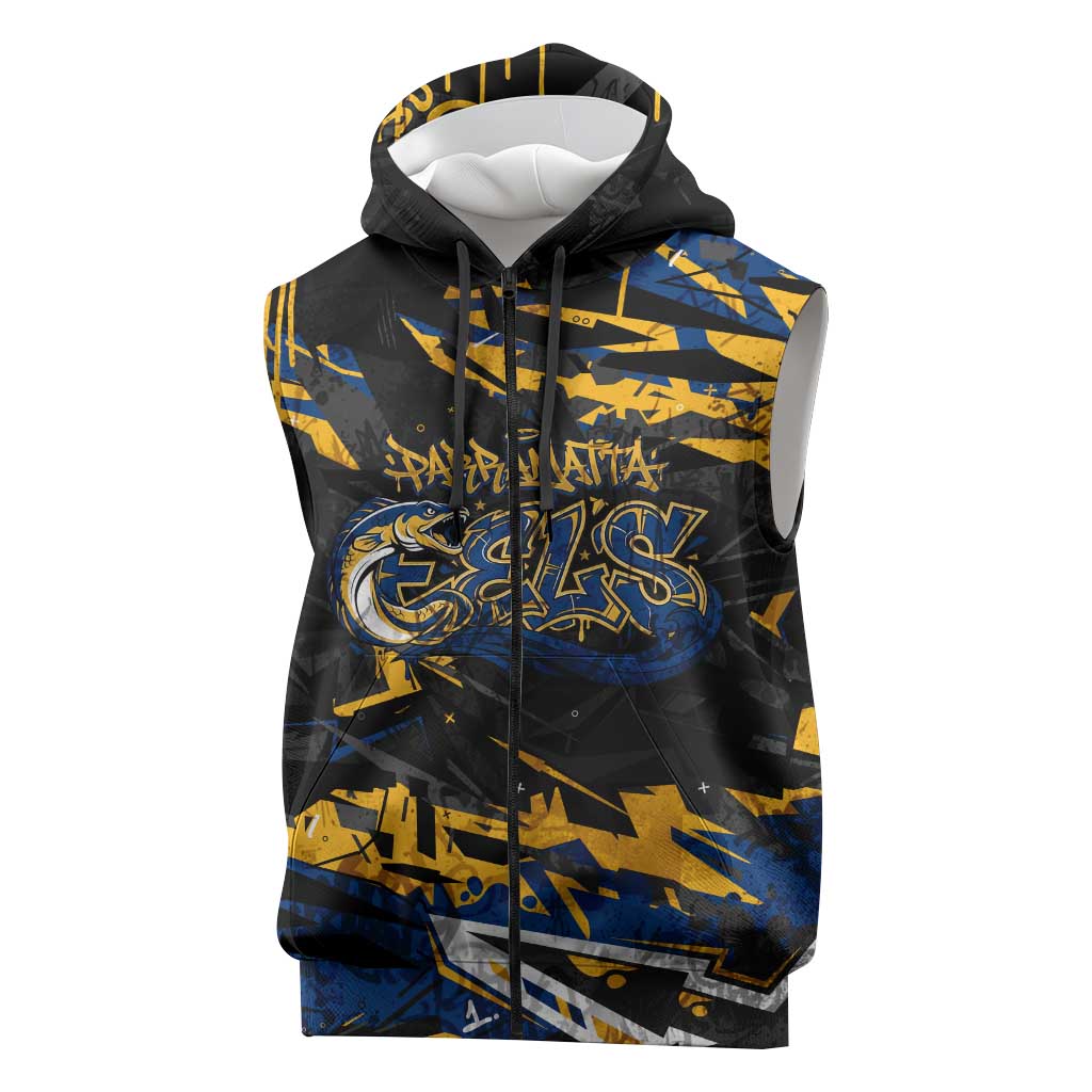 Personalized Parramatta Eels Sleeveless Zip Hoodie Graffiti Grunge Abstract Urban Street Style Design