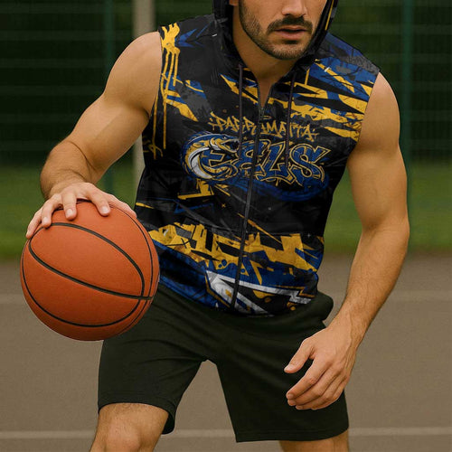 Personalized Parramatta Eels Sleeveless Zip Hoodie Graffiti Grunge Abstract Urban Street Style Design