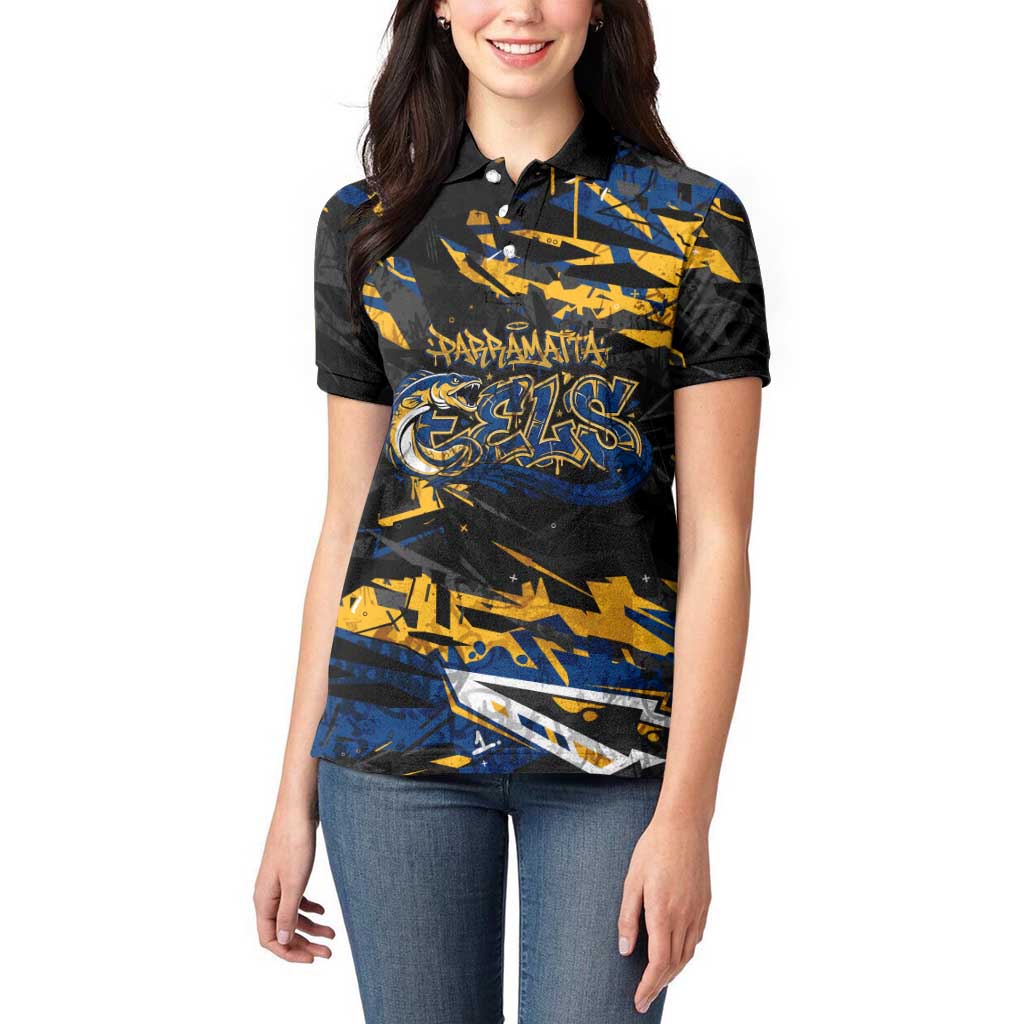 Personalized Parramatta Eels Women Polo Shirt Graffiti Grunge Abstract Urban Street Style Design