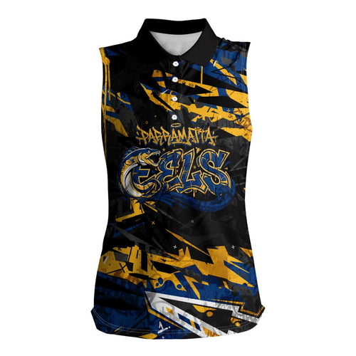Personalized Parramatta Eels Women Sleeveless Polo Shirt Graffiti Grunge Abstract Urban Street Style Design