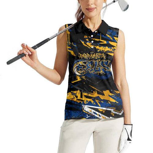 Personalized Parramatta Eels Women Sleeveless Polo Shirt Graffiti Grunge Abstract Urban Street Style Design