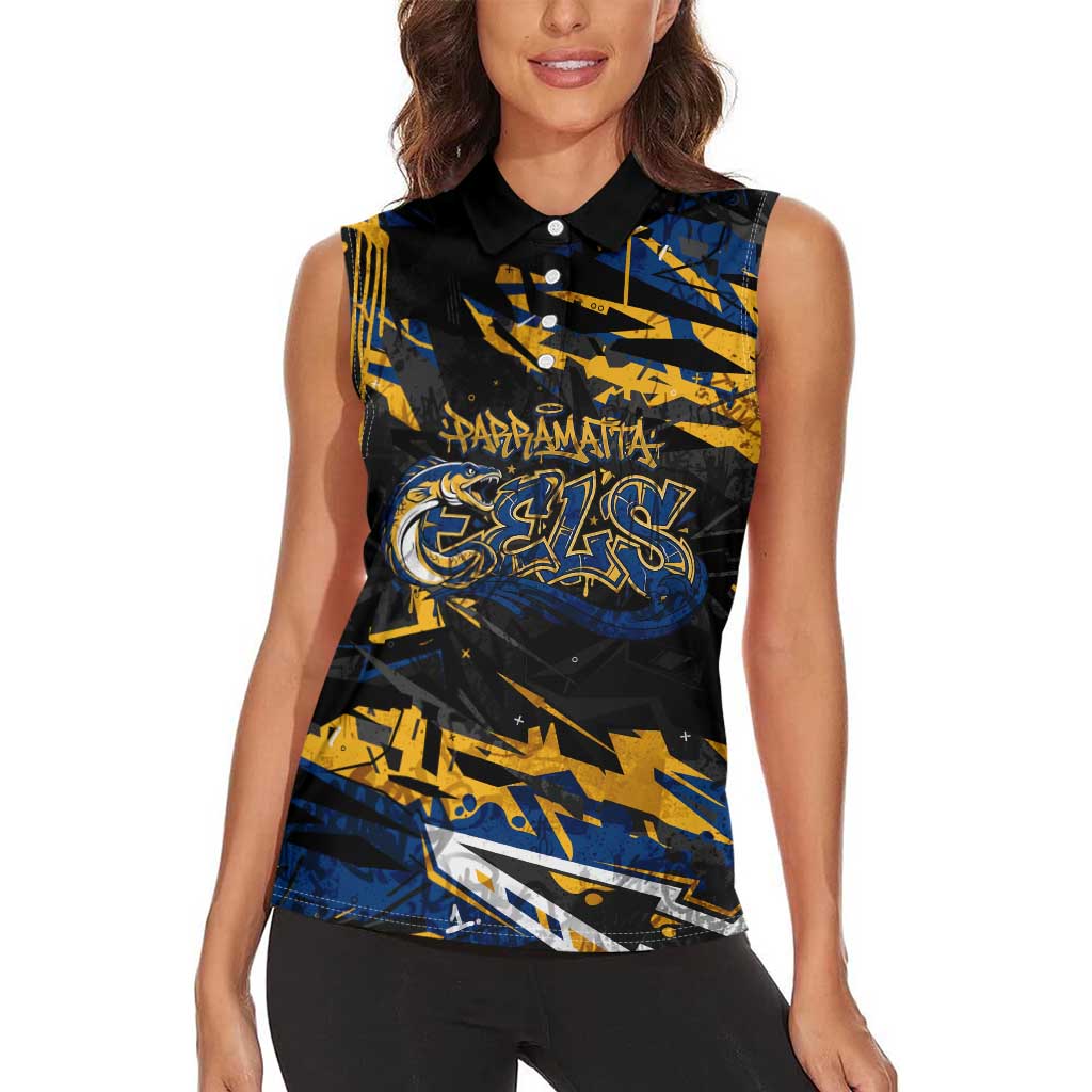 Personalized Parramatta Eels Women Sleeveless Polo Shirt Graffiti Grunge Abstract Urban Street Style Design