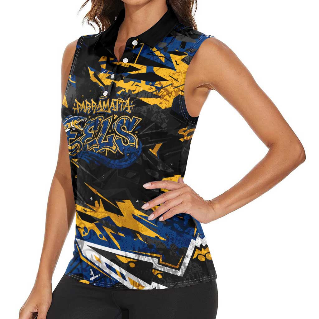 Personalized Parramatta Eels Women Sleeveless Polo Shirt Graffiti Grunge Abstract Urban Street Style Design