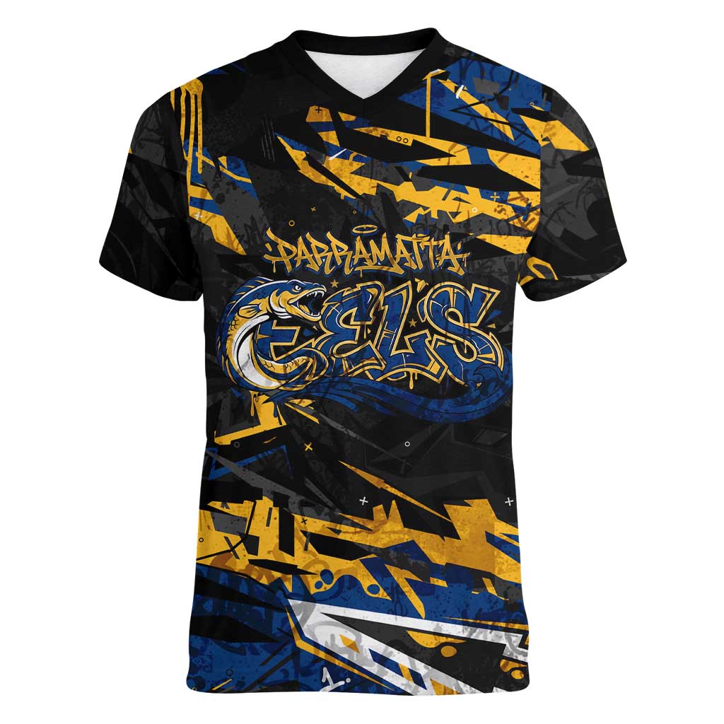 Personalized Parramatta Eels Women V-Neck T-Shirt Graffiti Grunge Abstract Urban Street Style Design