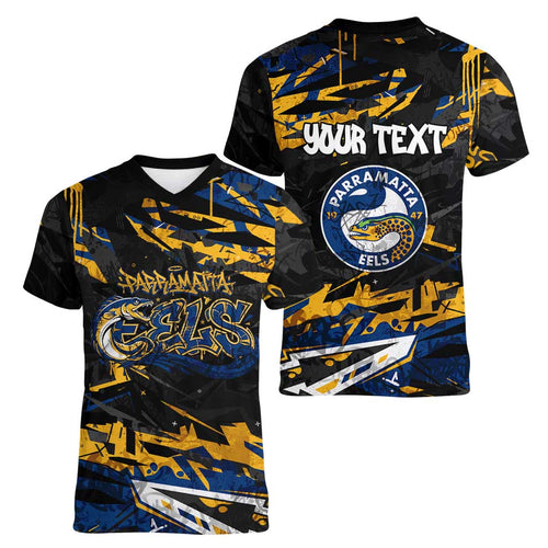 Personalized Parramatta Eels Women V-Neck T-Shirt Graffiti Grunge Abstract Urban Street Style Design