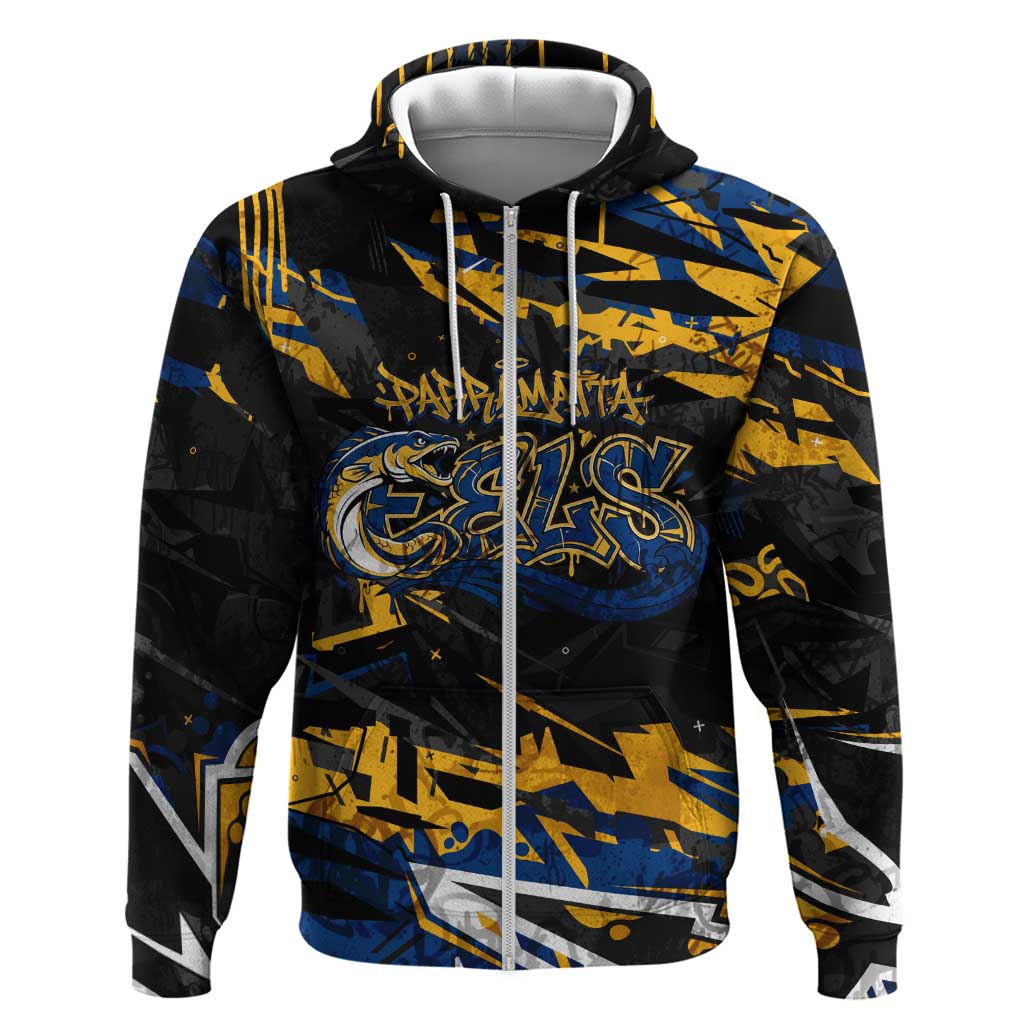 Personalized Parramatta Eels Zip Hoodie Graffiti Grunge Abstract Urban Street Style Design