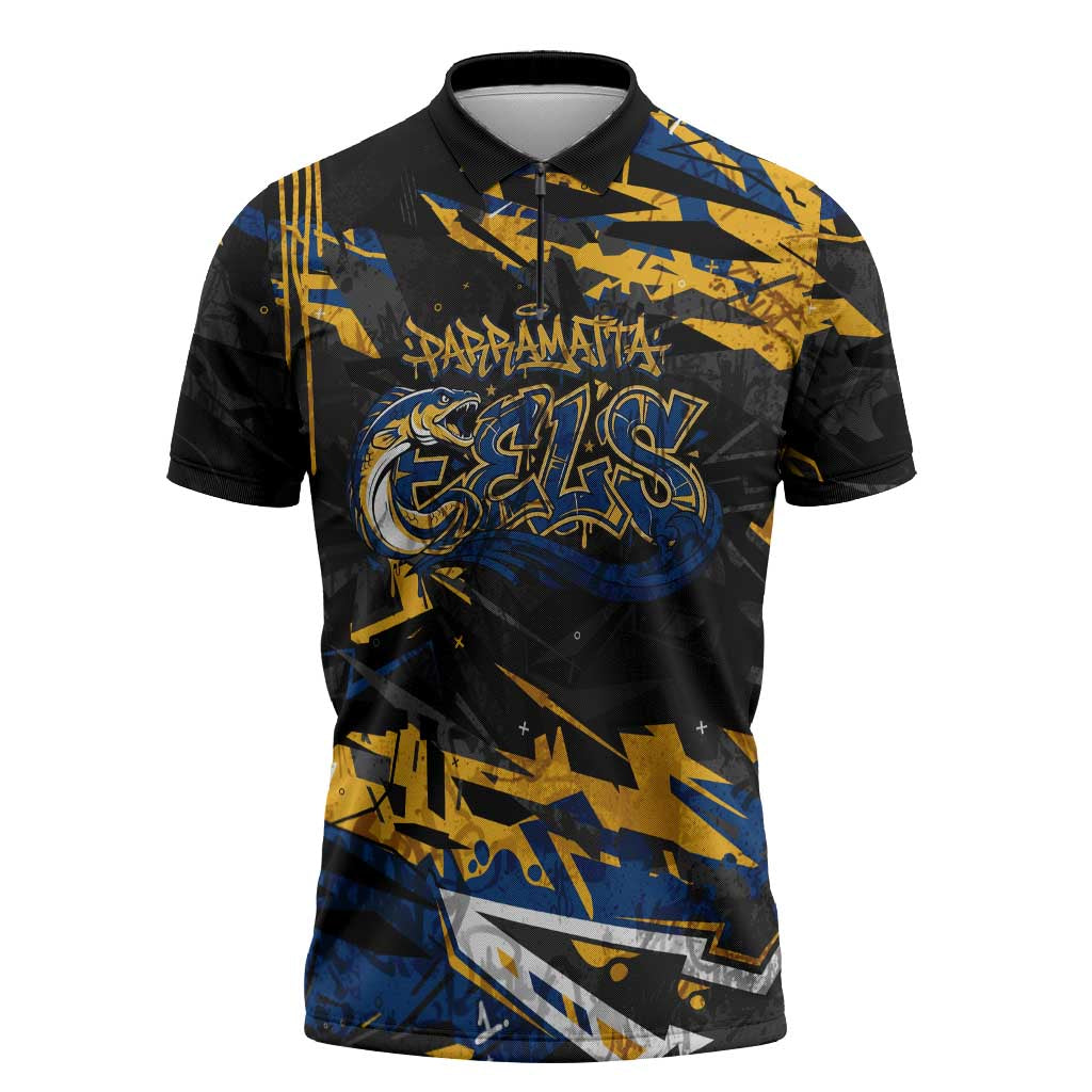 Personalized Parramatta Eels Zipper Polo Shirt Graffiti Grunge Abstract Urban Street Style Design