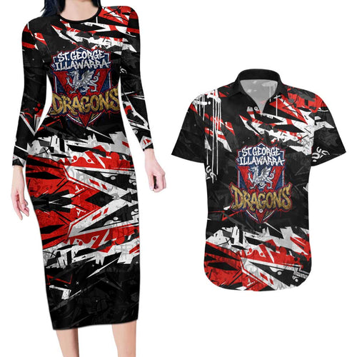 Personalized St. George Illawarra Dragons Couples Matching Long Sleeve Bodycon Dress and Hawaiian Shirt Graffiti Grunge Abstract Urban Street Style Design