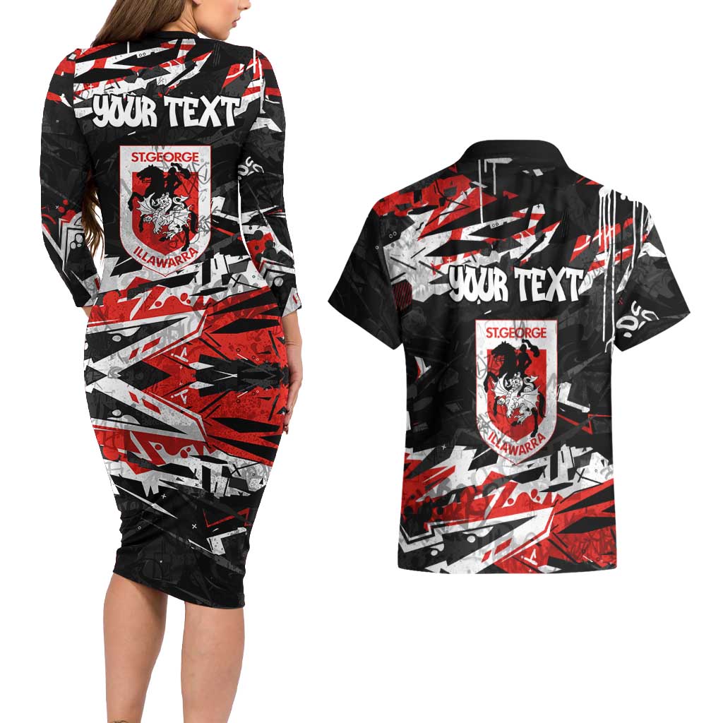 Personalized St. George Illawarra Dragons Couples Matching Long Sleeve Bodycon Dress and Hawaiian Shirt Graffiti Grunge Abstract Urban Street Style Design