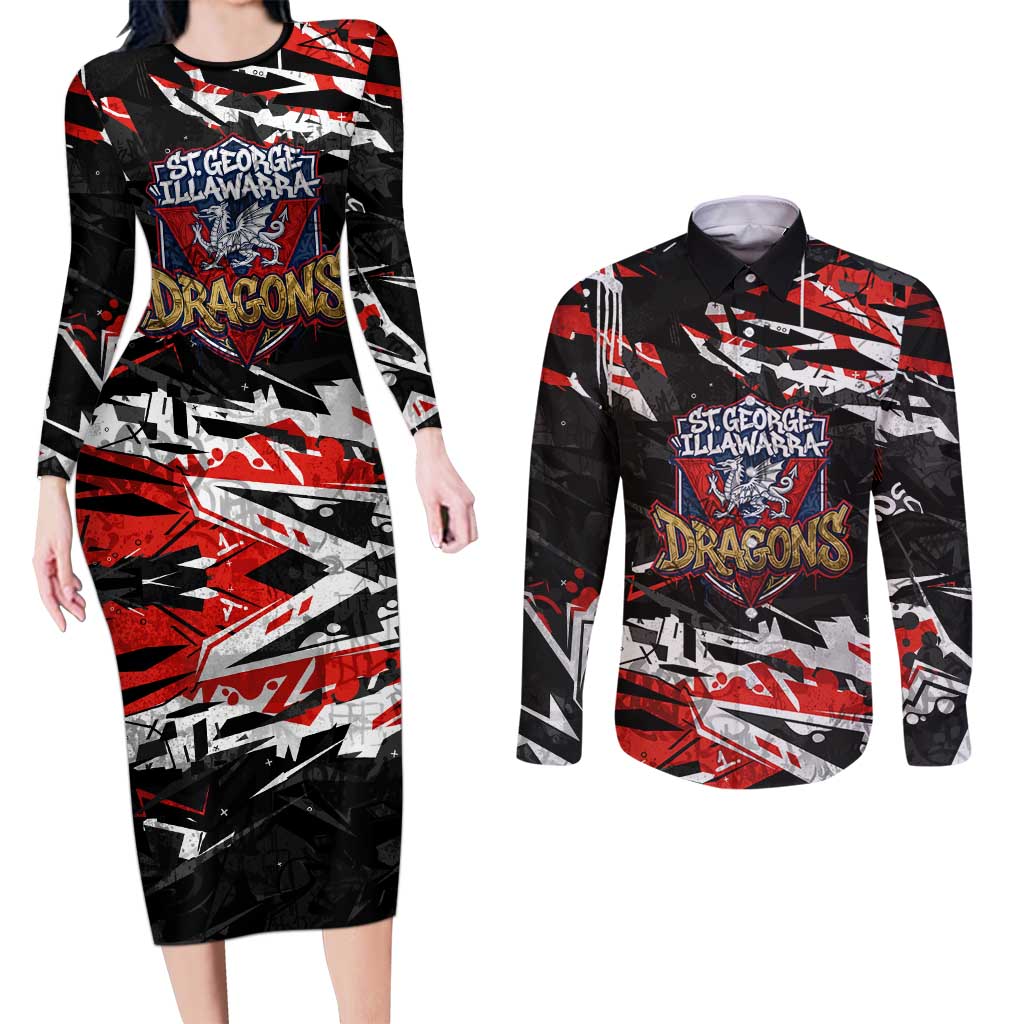 Personalized St. George Illawarra Dragons Couples Matching Long Sleeve Bodycon Dress and Long Sleeve Button Shirt Graffiti Grunge Abstract Urban Street Style Design
