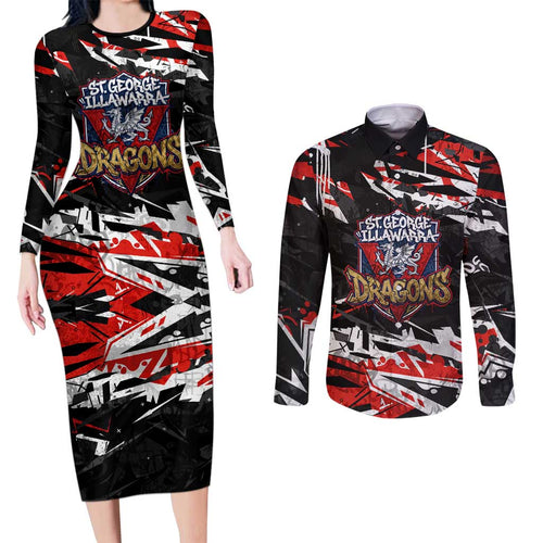 Personalized St. George Illawarra Dragons Couples Matching Long Sleeve Bodycon Dress and Long Sleeve Button Shirt Graffiti Grunge Abstract Urban Street Style Design