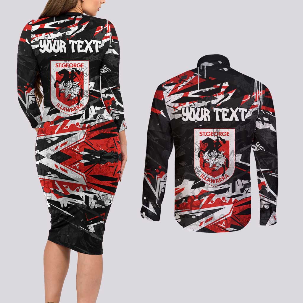 Personalized St. George Illawarra Dragons Couples Matching Long Sleeve Bodycon Dress and Long Sleeve Button Shirt Graffiti Grunge Abstract Urban Street Style Design