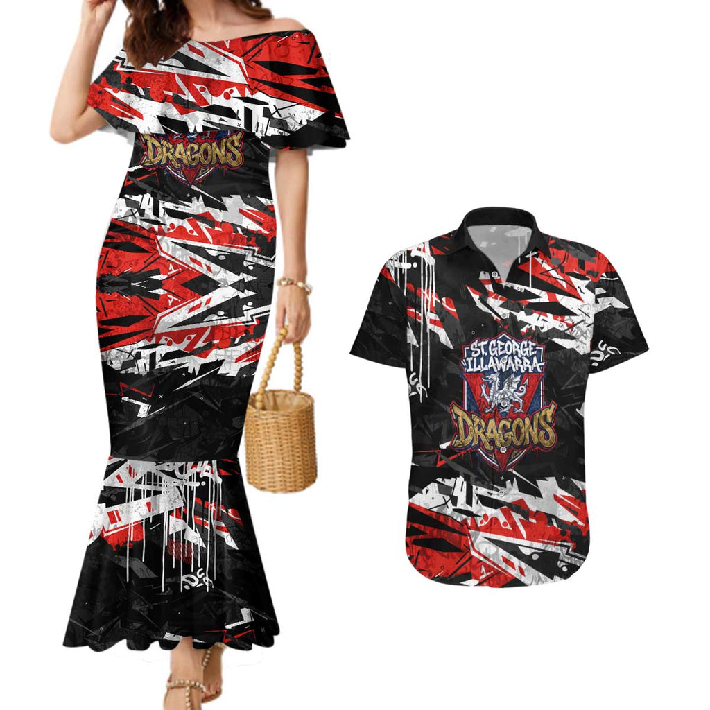 Personalized St. George Illawarra Dragons Couples Matching Mermaid Dress and Hawaiian Shirt Graffiti Grunge Abstract Urban Street Style Design