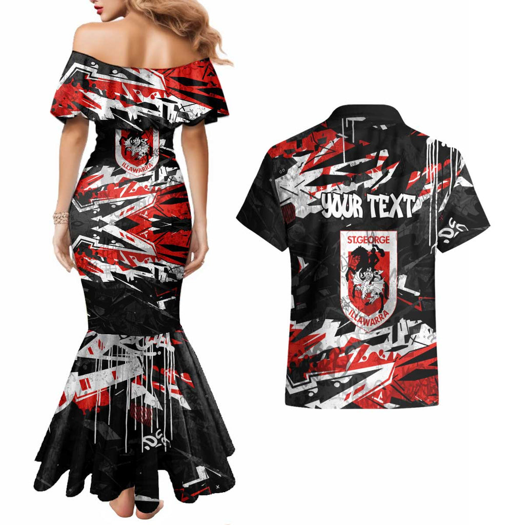 Personalized St. George Illawarra Dragons Couples Matching Mermaid Dress and Hawaiian Shirt Graffiti Grunge Abstract Urban Street Style Design