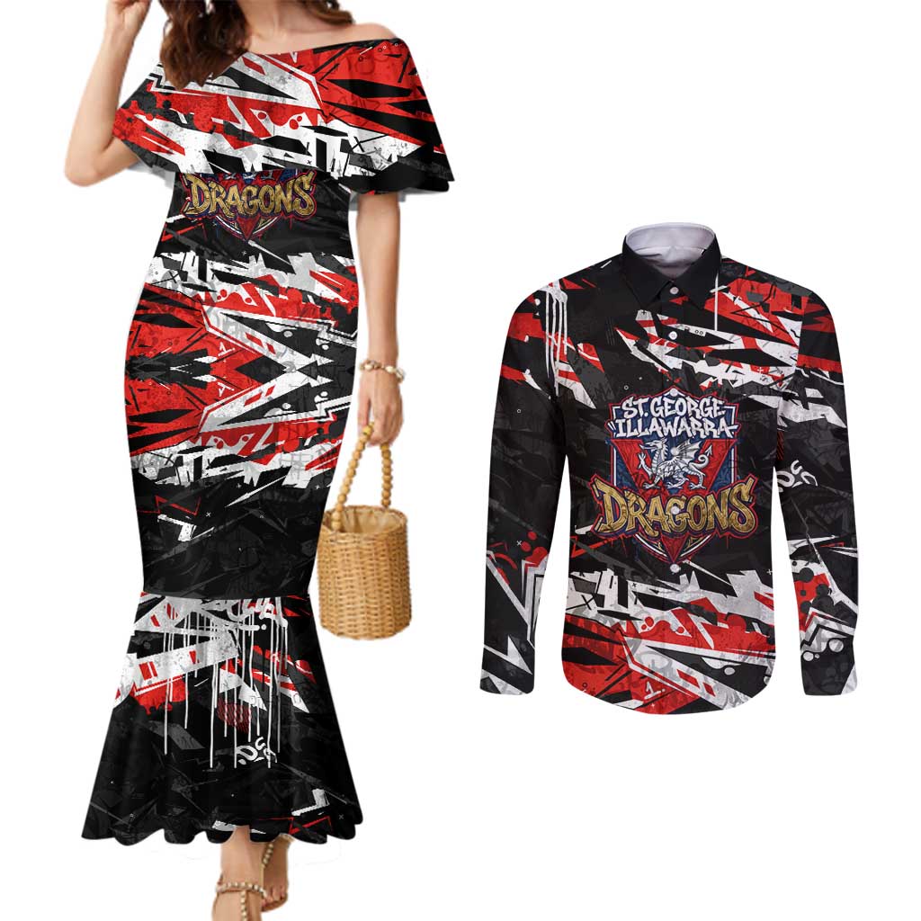Personalized St. George Illawarra Dragons Couples Matching Mermaid Dress and Long Sleeve Button Shirt Graffiti Grunge Abstract Urban Street Style Design