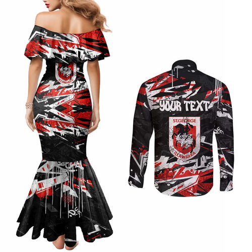 Personalized St. George Illawarra Dragons Couples Matching Mermaid Dress and Long Sleeve Button Shirt Graffiti Grunge Abstract Urban Street Style Design
