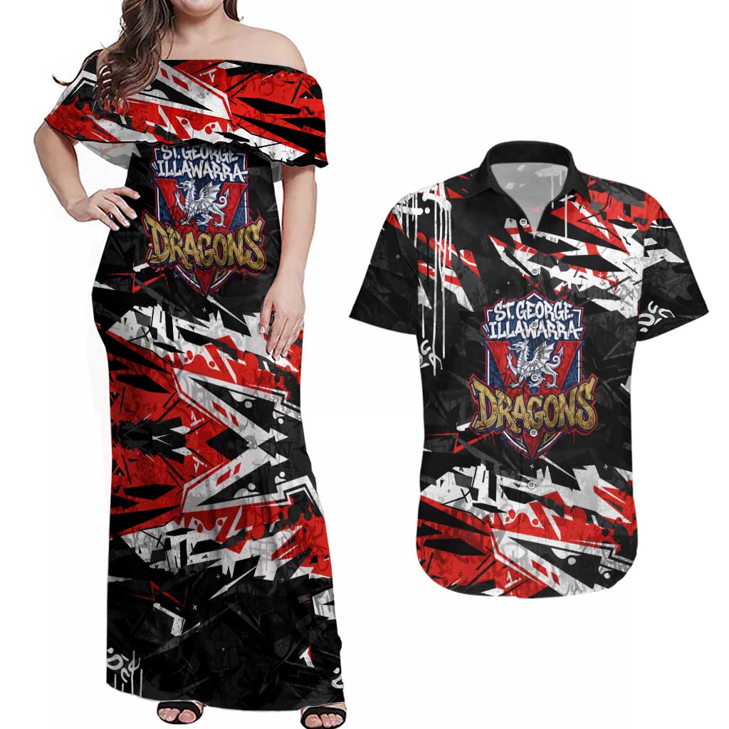 Personalized St. George Illawarra Dragons Couples Matching Off Shoulder Maxi Dress and Hawaiian Shirt Graffiti Grunge Abstract Urban Street Style Design