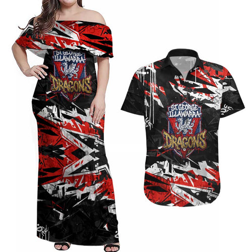 Personalized St. George Illawarra Dragons Couples Matching Off Shoulder Maxi Dress and Hawaiian Shirt Graffiti Grunge Abstract Urban Street Style Design