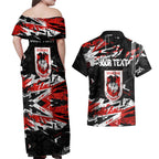 Personalized St. George Illawarra Dragons Couples Matching Off Shoulder Maxi Dress and Hawaiian Shirt Graffiti Grunge Abstract Urban Street Style Design