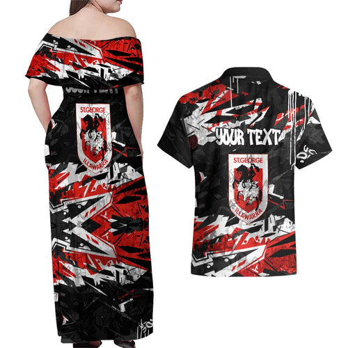 Personalized St. George Illawarra Dragons Couples Matching Off Shoulder Maxi Dress and Hawaiian Shirt Graffiti Grunge Abstract Urban Street Style Design