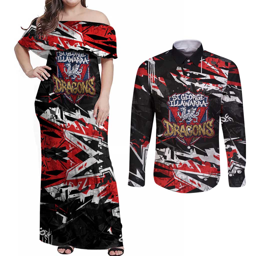 Personalized St. George Illawarra Dragons Couples Matching Off Shoulder Maxi Dress and Long Sleeve Button Shirt Graffiti Grunge Abstract Urban Street Style Design