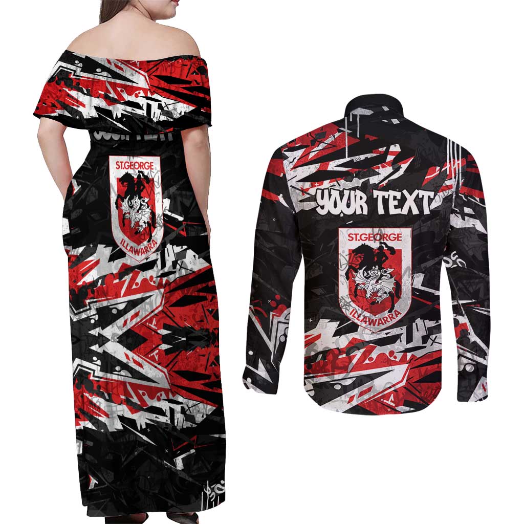 Personalized St. George Illawarra Dragons Couples Matching Off Shoulder Maxi Dress and Long Sleeve Button Shirt Graffiti Grunge Abstract Urban Street Style Design